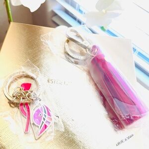 Estee Lauder Tassel Key Ring & Gold Toned Pink Ribbon Cancer Awareness Keychain